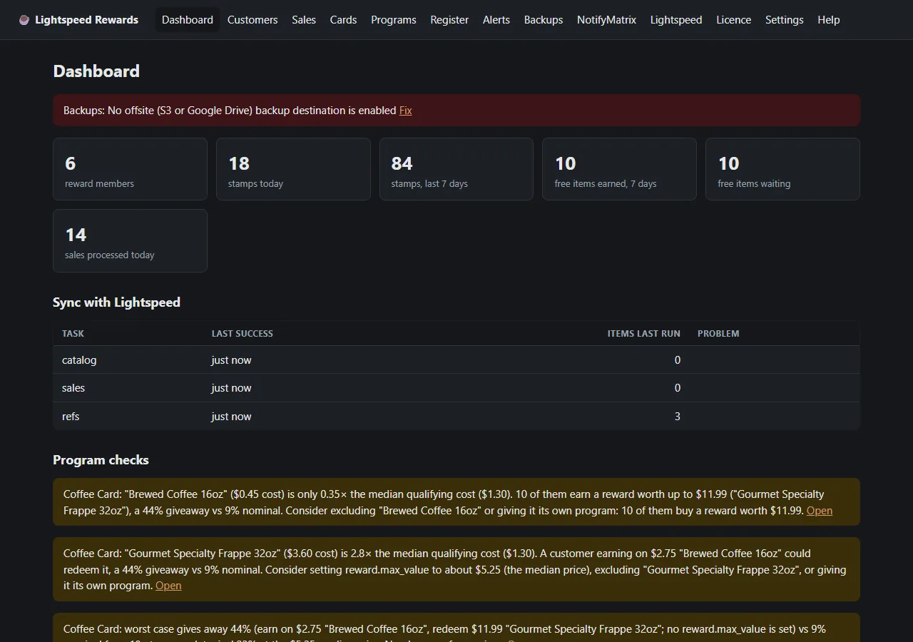 Lightspeed Rewards dashboard with member and stamp counts, Lightspeed sync status, and reward economics warnings