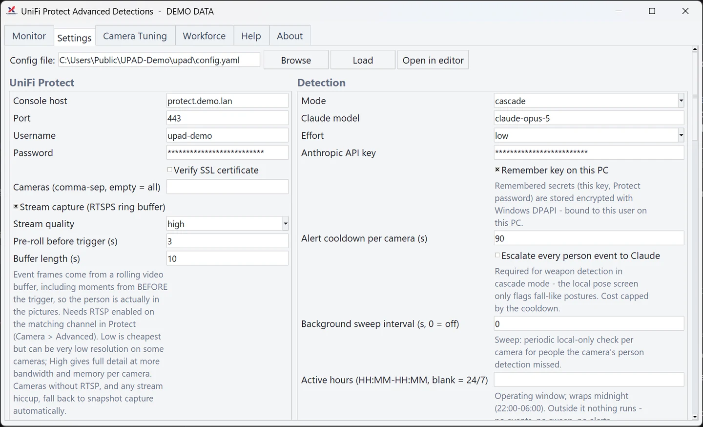 UPAD settings tab showing the Protect connection, capture window, and detection cost controls