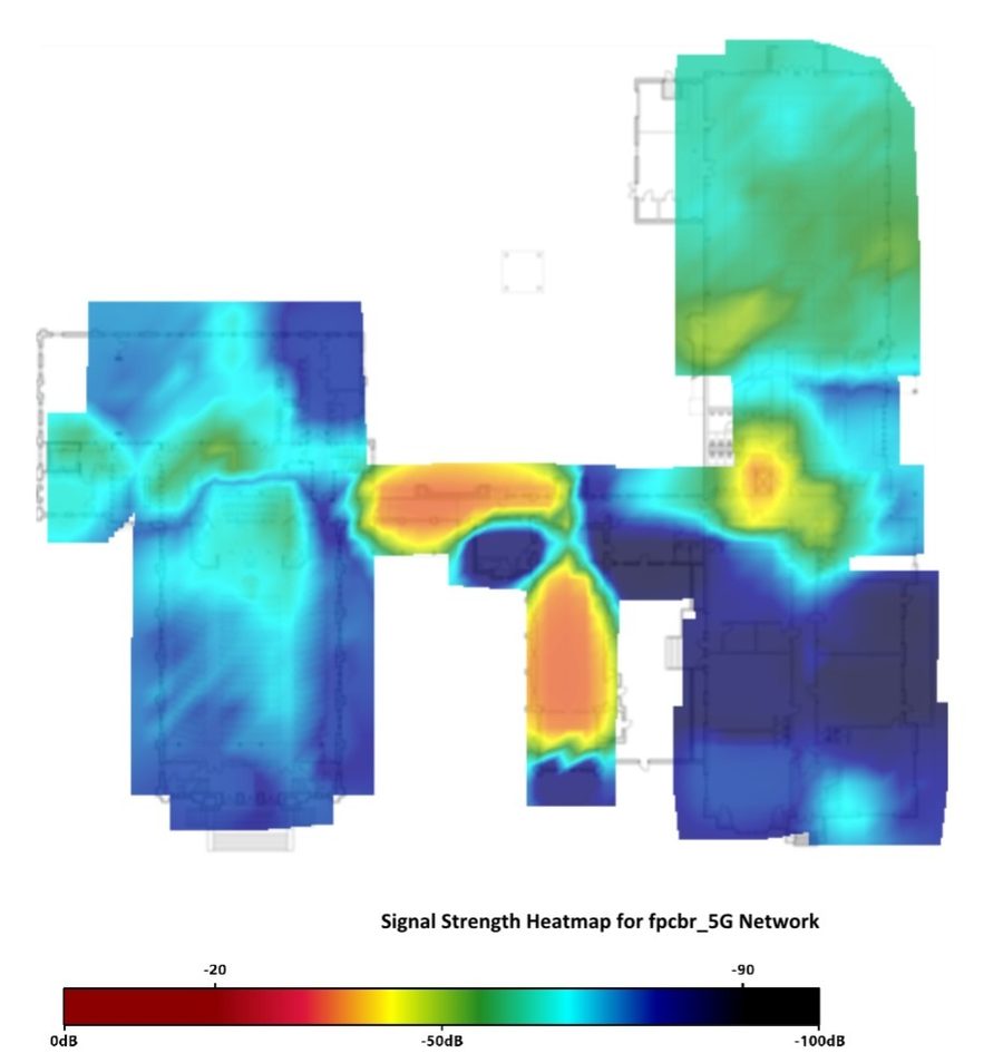 RF coverage heatmap of a building's first floor