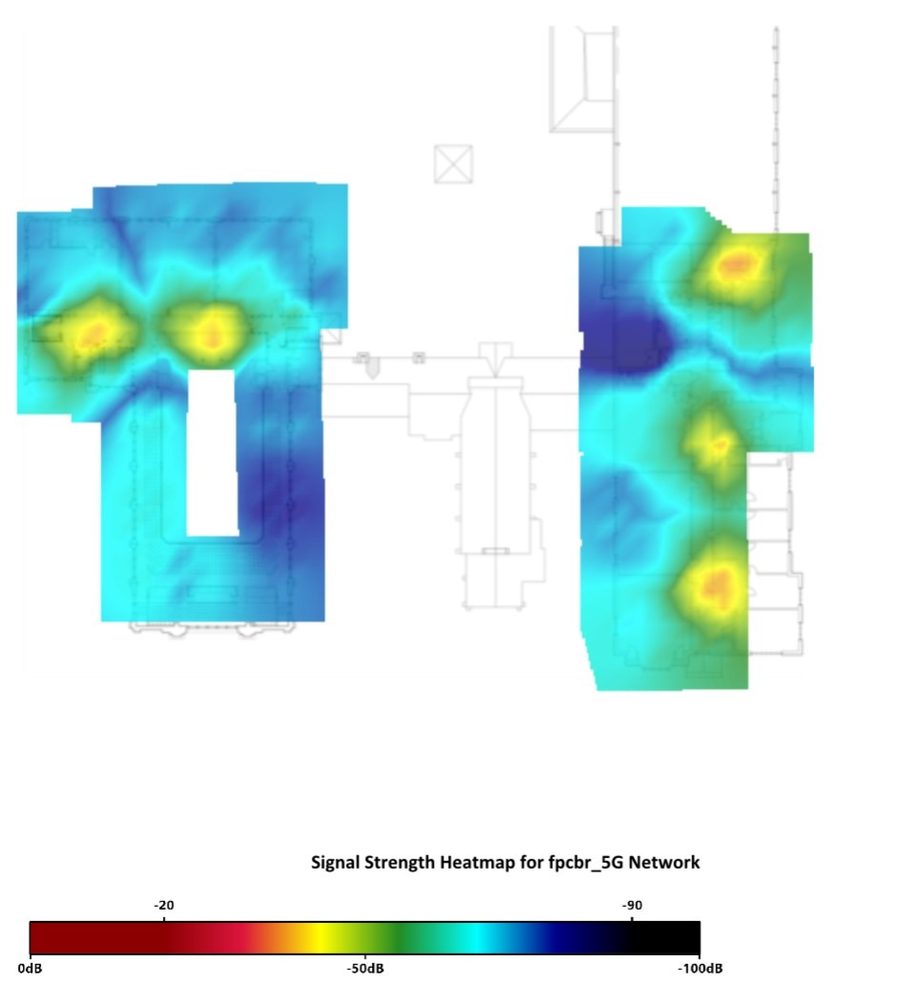 RF coverage heatmap of a building's second floor